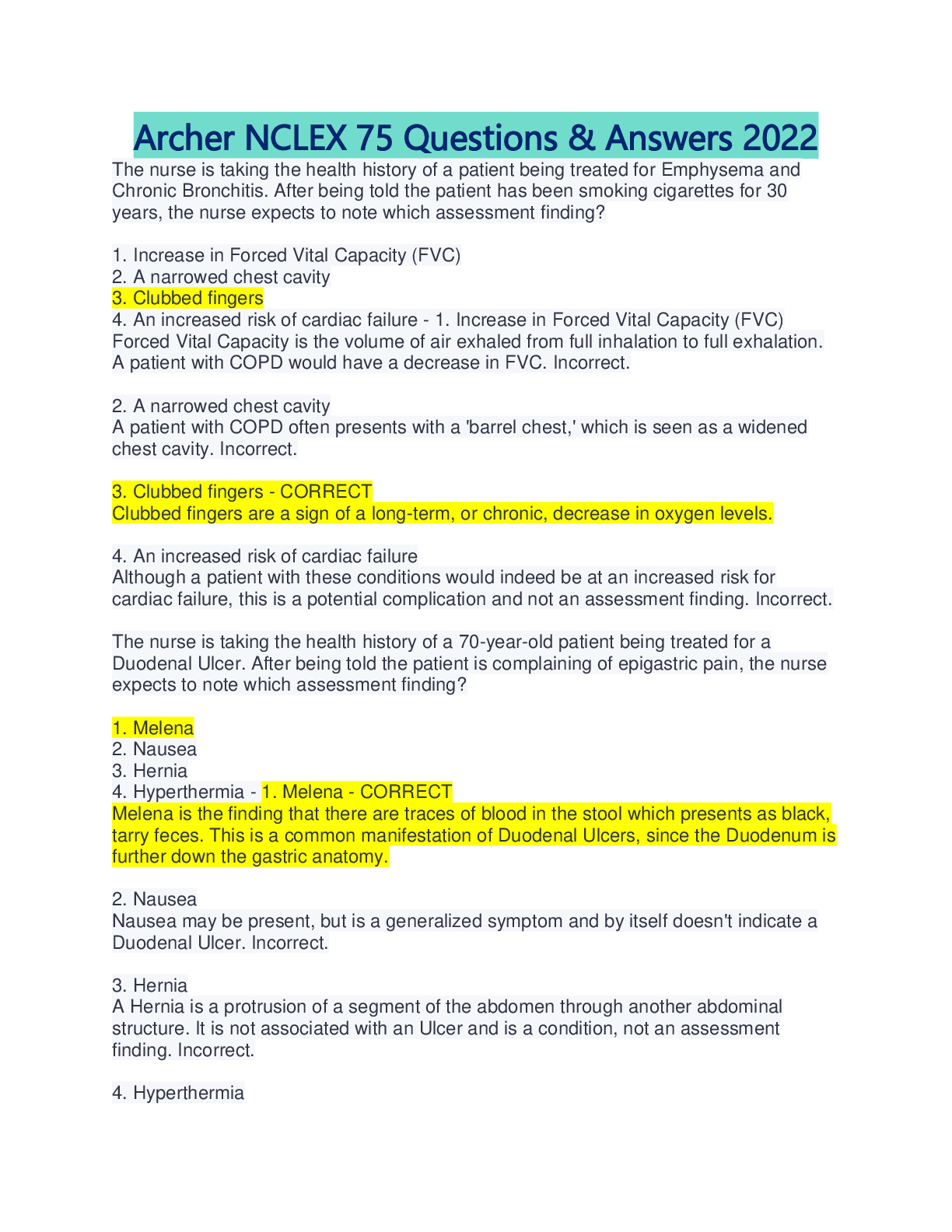 Preview image for Archer NCLEX 75 questions (answered/rationales) summer 2022.